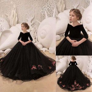 2022 New Kids Girl Elegant Long Prom Black Embroidery Tulle Gowns Children Stage Dress 8 Grade Graduation Dresses L2405