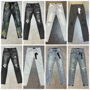 Lila jeans denim byxor cyklist broderi rippade för trend svarta byxor avancerad kvalitet design retro streetwear män kvinnor hål high street denim joggers byxa