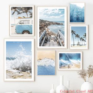 Sea Beach Waves Bus Palm Tree Bridge Car Reed Wall Art Canvas Painting Nordic Posters Print Wall Pictures For Living Room Decor