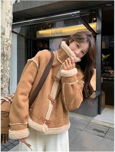 Damenjacken College -Ständer Halsband Lamm Wollmantel Frauen winddichte warme Fell Outwear Female Chic verdickte lose Bikerjacke