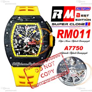 Felipe Massa 011 flyback automatico Eta A7750 Chronograph Mens orologio RMF NTPT Black Carbon Skeleton Dialtra di gomma Giallo Super Edition PureTime RELOJ HOMBRE PTRM