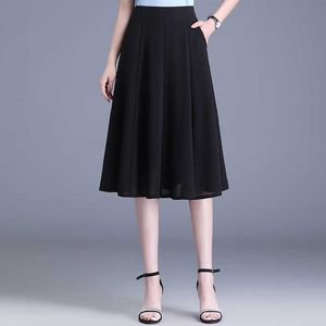 بسيطة متوسط ​​الطول النحيف أزياء شيفون A-LINE تنورة جديدة الصيف عالية الخصر مرنة الخصر مرنة تنورة الربط