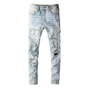 Jeans masculinos Mens Crystal Hole Tear Patch Trabalho Jeans Rouse Rouse Blue Denim Ultra-Fina-Lápis Calças J240527