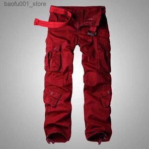 Мужские брюки 2022 Осенний корейский стиль стиральный винный винный красный хлопок брюки для мужчин повседневные свободные многокачественные грузовые штаны для MEN28-42 Q240529