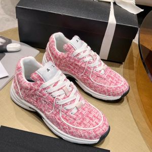 Skor 24SS Womens Sneakers Dress Shoe Laceup Casual Shoe Tweed Printing Platform Outdoor Trainer Sports Handing Shoe Classic Pink Leisur