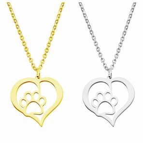 Women Stainless Steel Necklace Dog Paw Love Heart Design Hollow Choker Pendant Necklaces Silver Gold Color Fashion Engagement Jewelry G 287S