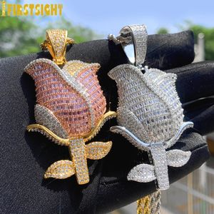 Iced Out Bling Rose Flower Pendant Necklace For Women Men Gold Color Prong Seting Cubic Zirconia Charm Hip Hop Jewelry 240528