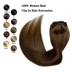 Włosy Brazylijskie Remi Proste włosy klips na ludzkich włosach przedłużanie naturalny kolor #4 Pełna głowa 120G Czarne kobiety Q240529