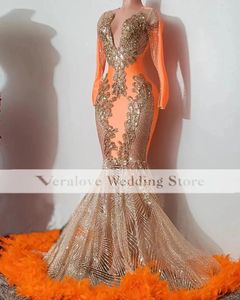 Party Dresses Veralove Sparkly Prom Dress With Feather 2k22 Long Sleeves Orange Evening Gowns Black Girls Graduation