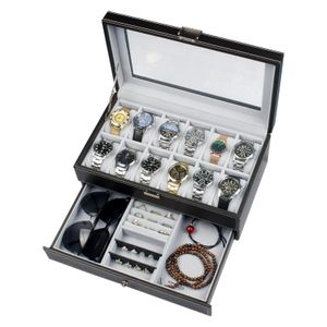 12 Slot PU Couather Lockable Caixas de armazenamento de jóias masculinas Visor de jóias de jóias Visor de 2 camadas Organizador Showcase 240528