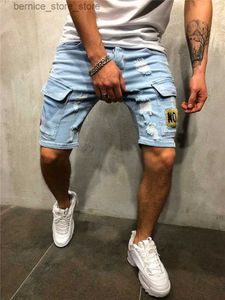 Męskie szorty Summer Rubted Shorts Dżinsy Mężczyzn Hip-Hop Denim Spodnie rozciągnij jasnoniebieski projekt mody szczupły proste dżinsy hombre Q240529