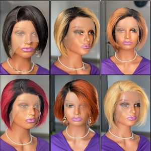 150 Densitet bob peruk 13x4 spets främre mänskliga hår peruker före plockade korta raka frontala peruker för svarta kvinnor färg