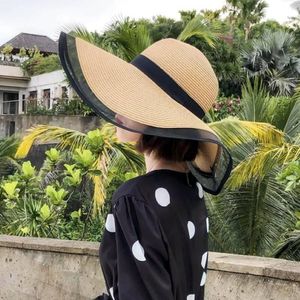 Breda randen hattar sommarstrån stor sol för kvinnor UV -skydd Panama Floppy Beach Ladies Lace Hat Chapeau 234G