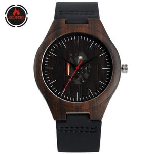 REDFIRE Irregular Engraving Hollow Dial Ebony Wood Watch Men Quartz Movement Black Genuine Leather Mens Wristwatch Pin Buckle 238W