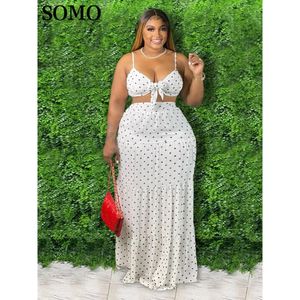 SOMO Plus Size Dot Print Women Two Piece Outfits Bandage Halter Top Maxi Skirts Sexy Matching Set Wholesale Drop 240516