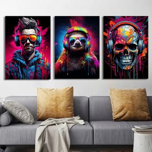 Colorful Graffiti Eagle Tiger Owl Skull Cow Parrot Cat Panda with Headphone Poster Canvas Painting Print Animal Room Home Decor