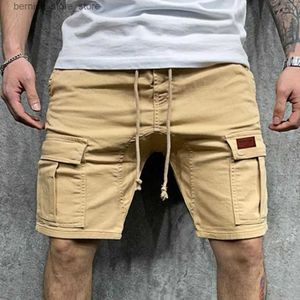 Men's Shorts Solid Color Cargo Shorts Men Casual Shorts Summer Multi Pockets Joggers Shorts Mens Drawstring Knee Length Shorts short homme Q240529