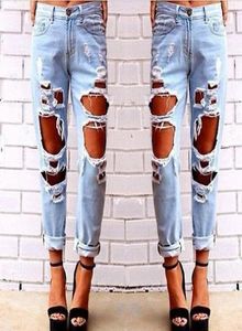 Mode kvinnor förstörda jeans rippade nödställda denim byxor hål pojkvän jeans långa pennbyxor s181016013836600