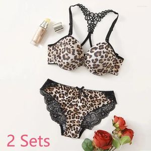 Bras Sets 2 Of Women's Sexy Underwear Leopard Pattern Bra With Steel Ring Front Closure Comfortable And Breathable Lace Panty