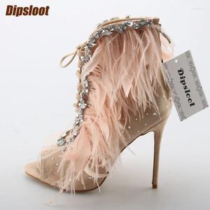 Boots 2024 Autumn Fashion Black Suede Leather Ankle Sexy Peep Toe Ladies Feather High Heel Crystal Lace Up Stiletto