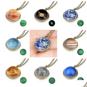 Pendant Necklaces Glow In The Dark Double Side Glass Ball Necklace Earth Planet Pattern Personality Jewelry Solar System Galaxy Astron Dhp2U