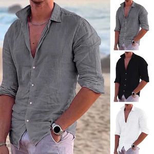 Men's Dress Shirts Cotton Linen 2023 Summer New Mens Solid Color Linen Casual Shirt Cardigan Long Sleeve Thin Breathable Shirts US S-3XL Q240528