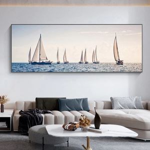 Sailing Boat Sea Waves Landscape Poster Canvas Painting Resort Boat Building Prints Nature Wall Art Pictures Home Office Decor