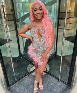 Party Dresses Short Sparkly Pink Prom Homecoming For Black Girl 2024 Luxury Diamond Crystal Feather Birthday Gala Gown