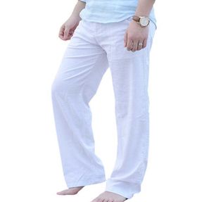 Calça casual de verão para homens calças de linho de algodão natural masculino verde masculino Canda elástica e elástica de calças lisadas de praia 213549085