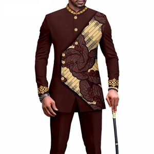 Elegant afrikansk stil Mens Luxury Suit Plaid Rand Single Breasted Suit and Pants 2 Piece Casual Business Suit for Men 240518
