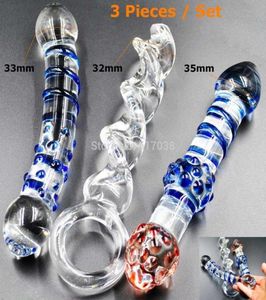 w1031 3 pieces Pyrex Glass Dildos Crystal Fake penis dicks Adult anal products Female male masturbation Sex toys set for women men8108563