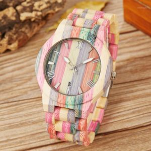 Bamboo Wood Watches Men Women Customized Handmade Colorful Bamboo Wooden Male Ladies Quartz Couple Wrist Watch Date Clock Gift1 257U