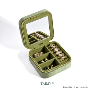 TAIMY Vintage Velvet Travel Jewelry Storage Ring Box Flip with Mirror Organizer Supports Customized Vintage Green Jewelry Box 240522