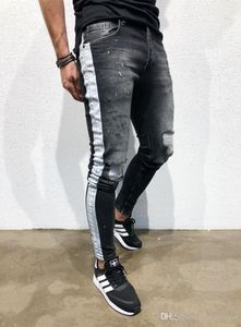 Mens Fashion Denim Long Pencil Pants Side Striped Ripped Mens Jeans Clothes Male Black High Street Slim Biker Jeans 6869530