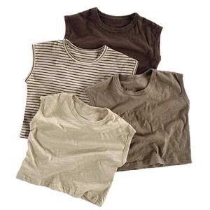 T-shirty Koreańska moda dla dzieci dziewczęta slub bawełniany rękawe koszulka maluch dzieci letnie czołgi topy kamizelki dzieci singlet plażowe ubrania D240529