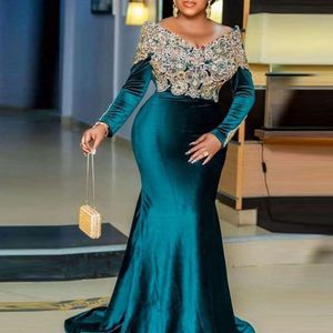 ASO EBI MERMAid Abendkleider dunkelgrüne Langarm -Spitzen -Applikationen Prom Kleider gegen Nacken Saudi -Arabien formelle Partykleid Robe 0529