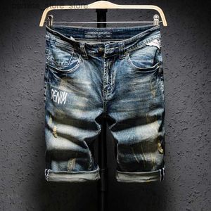 Men's Shorts Classic Retro Distressed Mens Letter Printed Jeans Shorts Knee Length Straight Slim Frayed Trend Punk Male Denim Shorts Q240529