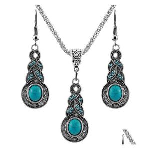 Earrings & Necklace Vintage Turquoise Pendant Dangle Drop Set For Women Retro Natural Stone Fashion Jewelry In Bk Delivery Sets Dh7Eo