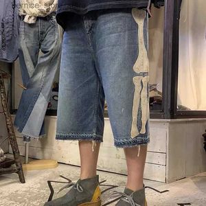 Men's Shorts KAPITAL Hirata Hohiro Loose Casual Pants Embroidered Bone Printed Washing Water Used Raw Denim Shorts for Men and Women Q240529