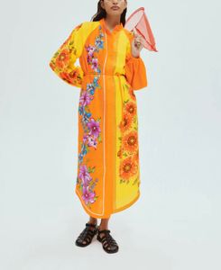 デザイナードレス24新しいリネン黄色のオレンジ色のプリントホリデースリムフィットウエストシャツドレス