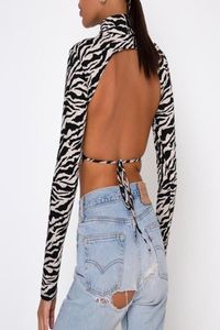 Imcute Sexy Backless Lace Up Tshirt Women Zebra Stripe Long Sleeve Tops Fashion Slim Fit Round Collar Crop Lady Women039s6513198