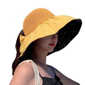 Womens Sun Protection Hat Wide Brim Hollow Knit Beach Hat For Ponytail Frisyr 240529