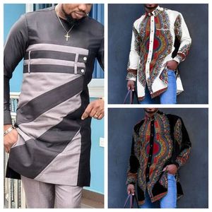 Only Tops In African Clothing Style Printing Color Matching Fashion Casual Long-sleeved Round Neck Mens Long Shirt 240521