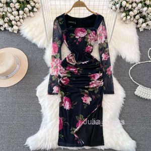 High end and socialite temperament long sleeved square neckline with waistband and slimming effect mid length slit wrapped buttocks mesh print dress autumn