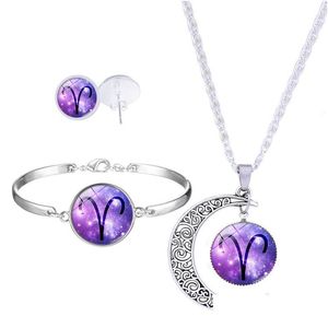 Bracciale, Orecchini Collana Fashion 12 Zodiac Sign Pendant Moon Stud Braccialetti impostati per donne Cabochons Oroscopio Costallatio Dhejn