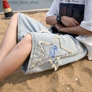 Men's Shorts Raw Edge Patchwork Star Pattern Denim Shorts Mens Straight Loose Sports Casual Pants Male Short Jeans Vintage Knee Length Pants Q240529