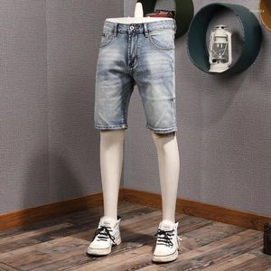Men's Shorts Summer Thin Light Blue Vintage Casual Micro Stretch Denim For Men White Washed Slim Fit Straight Half Jeans Y2k Youth