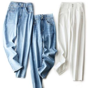 Шелковые джинсы шелковой шелковой шелк для женских женских весенних новая корейская издание для похудения с двумя пуговицами с высокой талией.