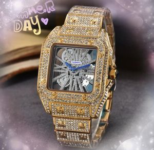 Square face mens day date quartz watches 42mm fine stainless steel hollow skeleton dial clock all the crime time sky diamonds ring wristwatch present gifts choice