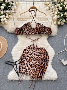 Work Dresses The Shoulder Mini Top Drawstring Short Skirts Thongs Sexy Night Suits Leopard Print Erotic Three Pieces Sets Women Off
